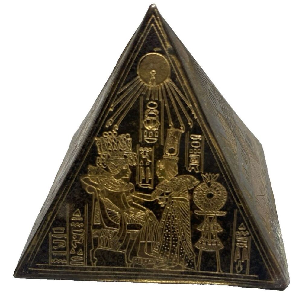 Vintage Egyptian-Style Etched Brass Pyramid Paperweight Hieroglyphics